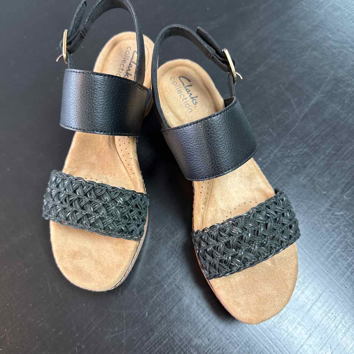 Clarks Size 8 Seannah Step Woven Strap Clog-Style Platform Sandals - Black Combi