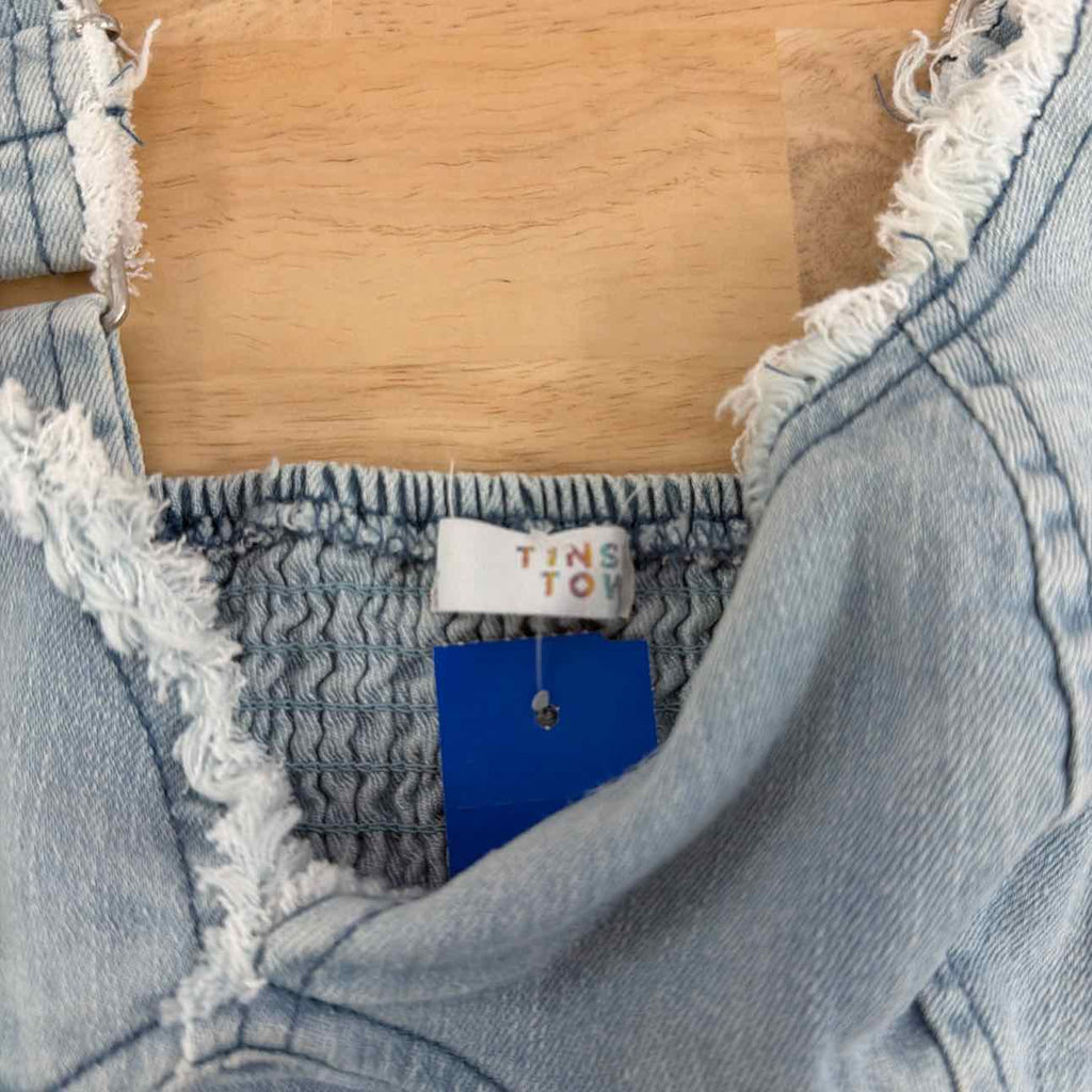 TINSELTOWN Size S Fray-Trimmed Cropped Denim Corset-Style Top - Light Wash