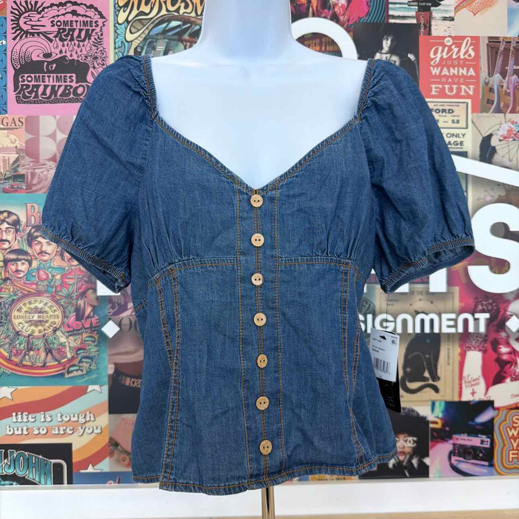 BCX Size XL Denim Puff-Sleeve Sweetheart-Neck Top