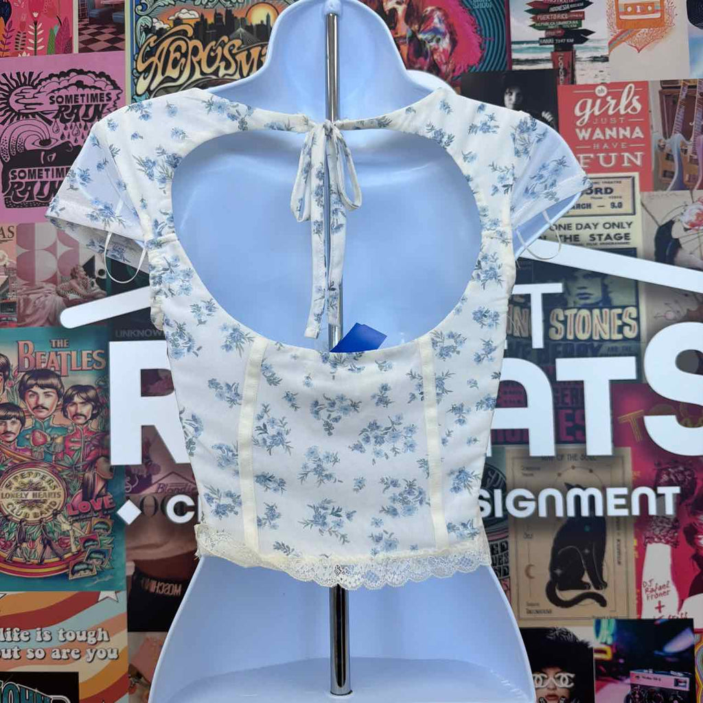 hippie rose Size S Corset Short-Sleeve Mesh Top - White Floral