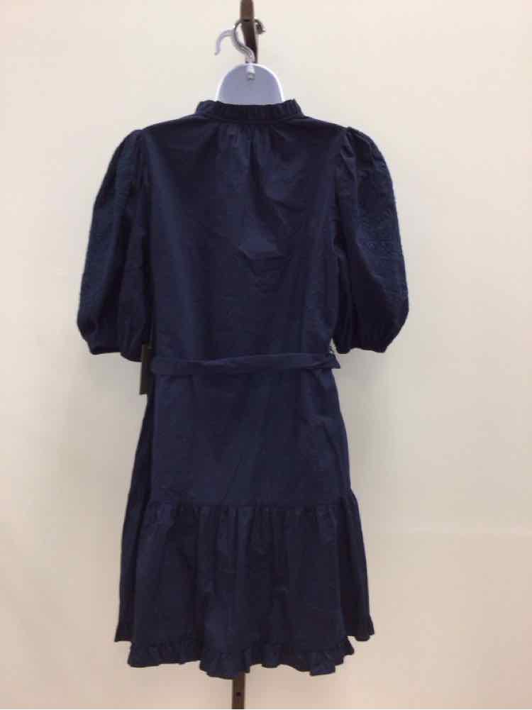 Vince Camuto Size 8 Split-Neck Elbow-Sleeve Cotton Dress - Navy