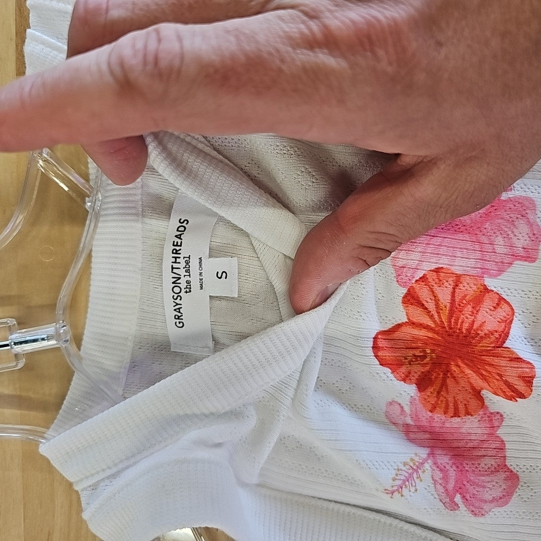 Grayson Threads, the Label Juniors' Pointelle Hibiscus Graphic Tank Top - White