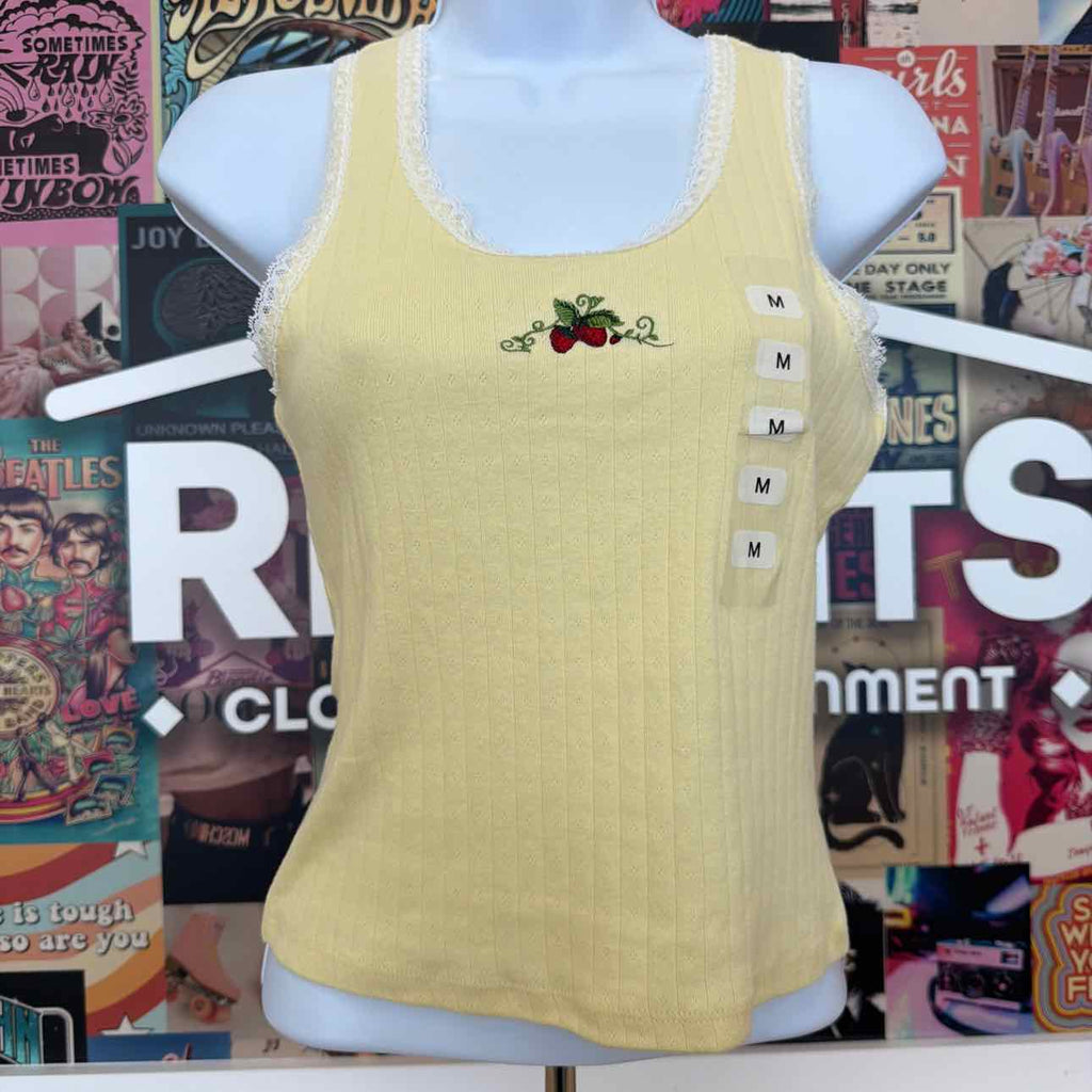 Just Polly Size M Strawberry Embroidered Lace-Trim Tank Top