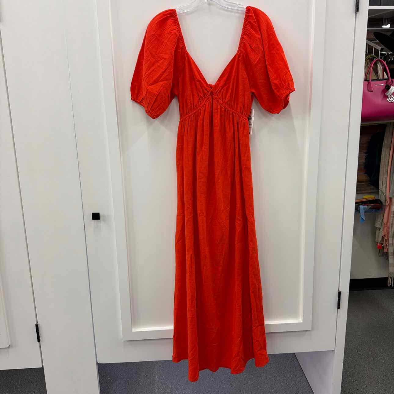 billabong Size L Love Fade Puff-Sleeve Cotton Maxi Dress - Sunset Red