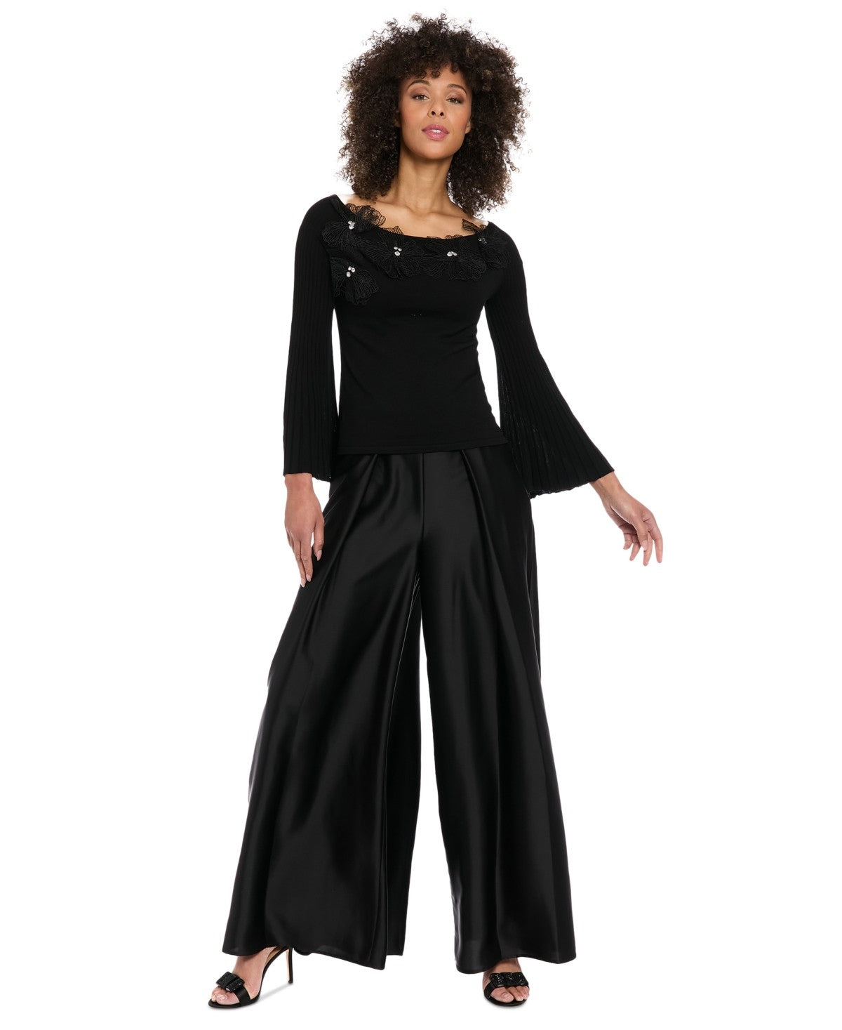 Muse Women's Satin High Rise Pleated Wide-Leg Pants - Black