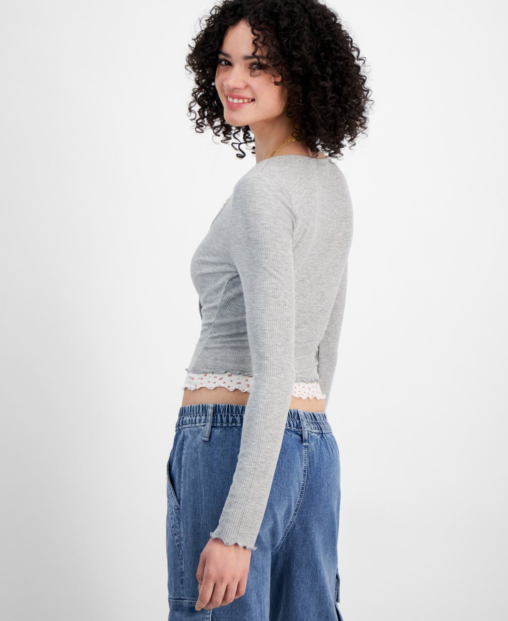 Just Polly Size S Layered-Look Long Sleeve Cardigan - Grey Ditsy