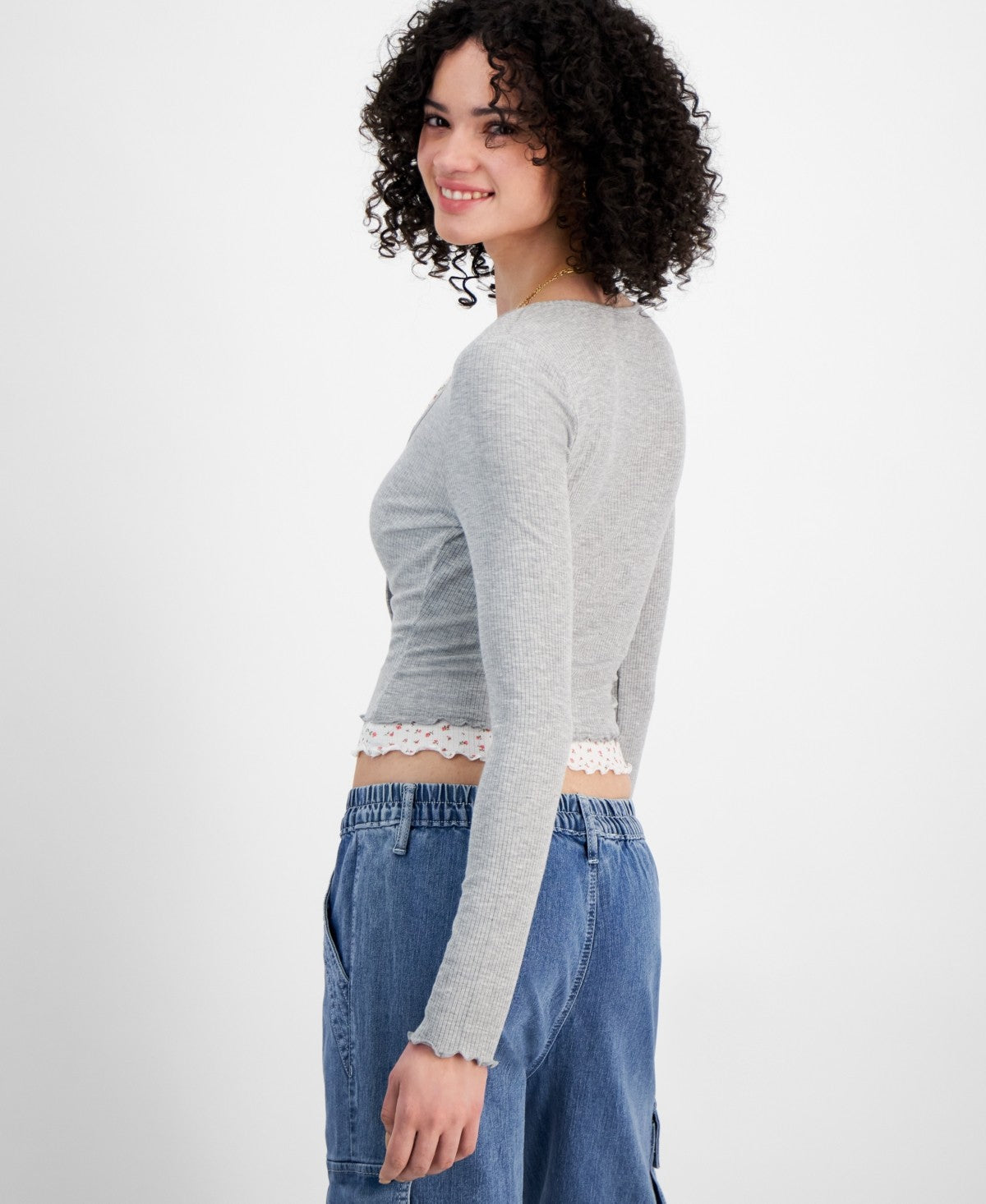 Just Polly Size XL Layered-Look Long Sleeve Cardigan - Grey Ditsy