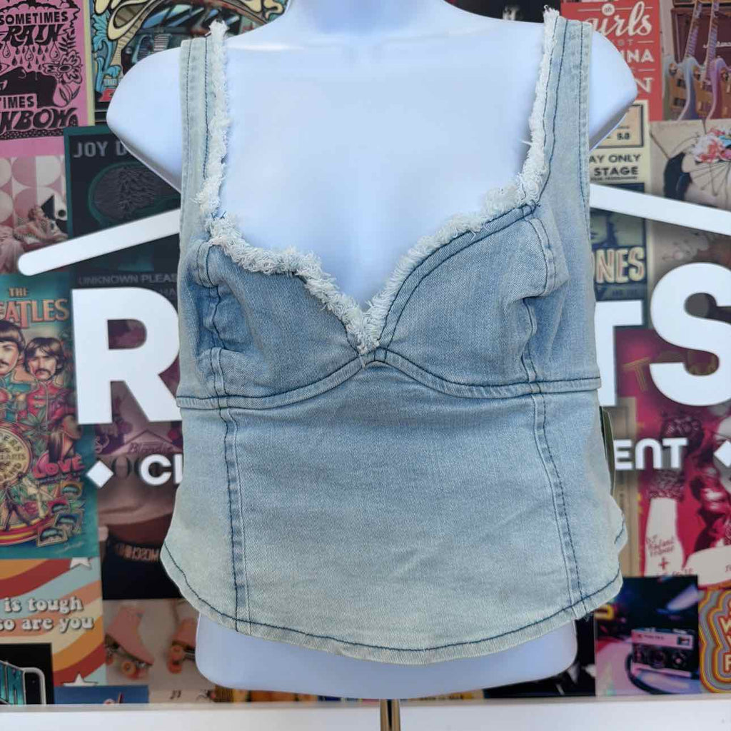 TINSELTOWN Size L Fray-Trimmed Cropped Denim Corset-Style Top - Light Wash
