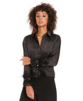 Muse Women's Collared Button-Front Long-Sleeve Satin Shirt - Black