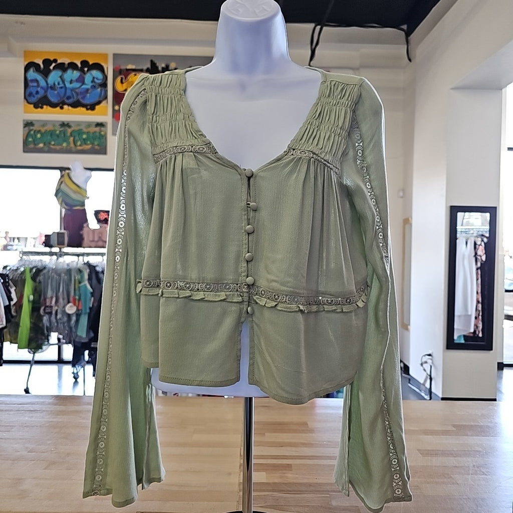 Juniors Self Esteem Gauze Bell Sleeve Button Front Blouse Top