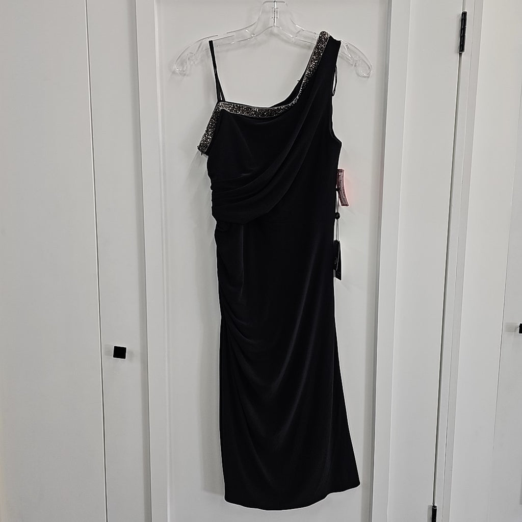 Adrianna Papell Size 4 Black Beaded One Shoulder Dress