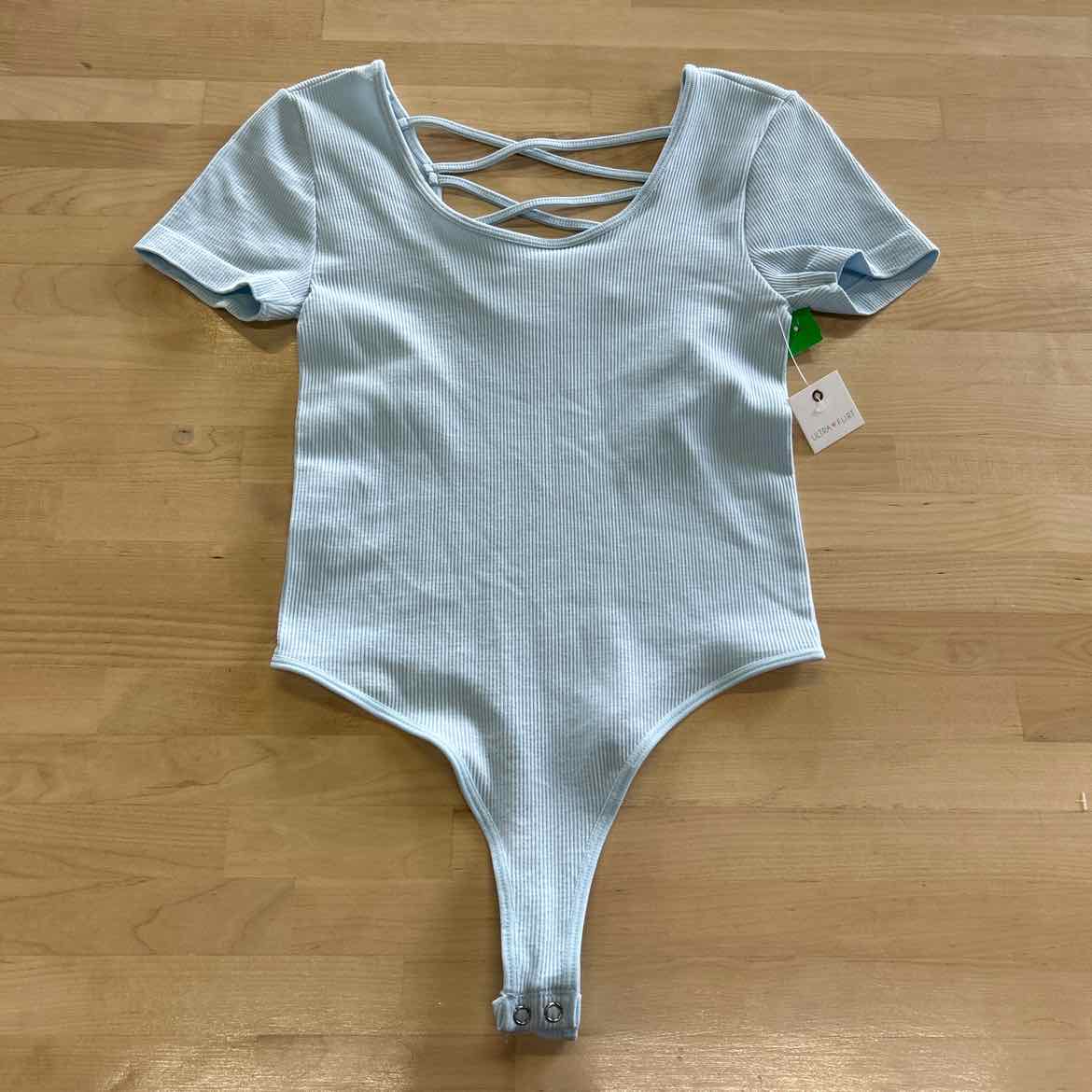 ultra flirt Size XS Seamless Lattice-Back Ribbed Bodysuit - Baby Blue