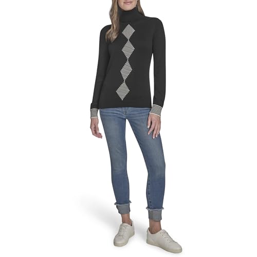 Tommy Hilfiger Women's Sportswear Long Sleeve Turtleneck Sweater, Black/Ivory Ar