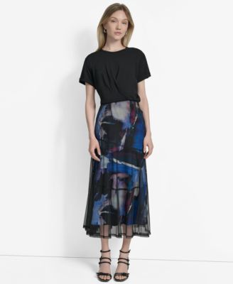 DKNY Womens Mixed-Media Printed-Sk Blue Brush Stroke Dress