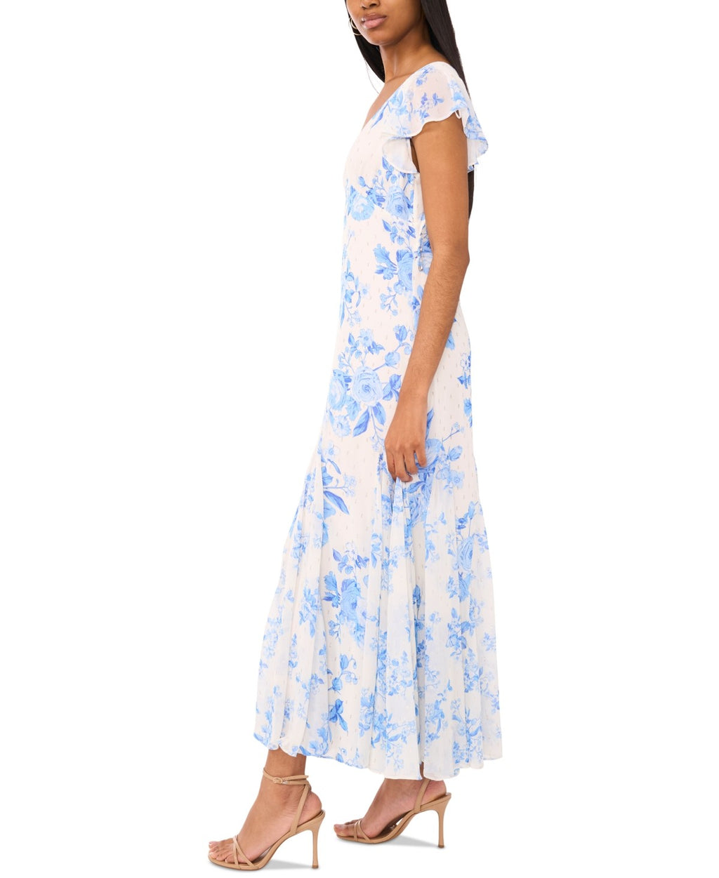 CeCe Women's Printed V-Neck Flutter-Sleeve Chiffon Dress - Blue Air