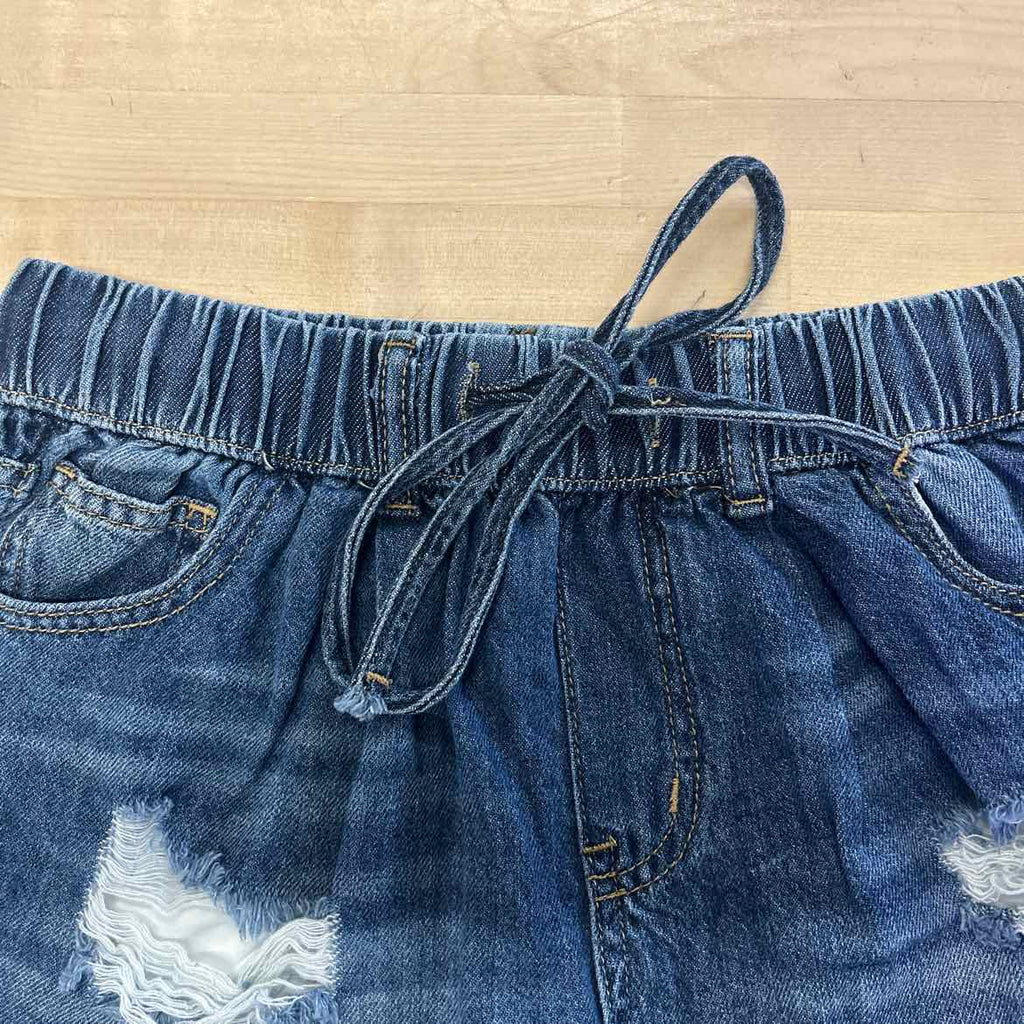 Indigo Rein Juniors' Distressed Drawstring Denim Shorts - Dark Wash - 1