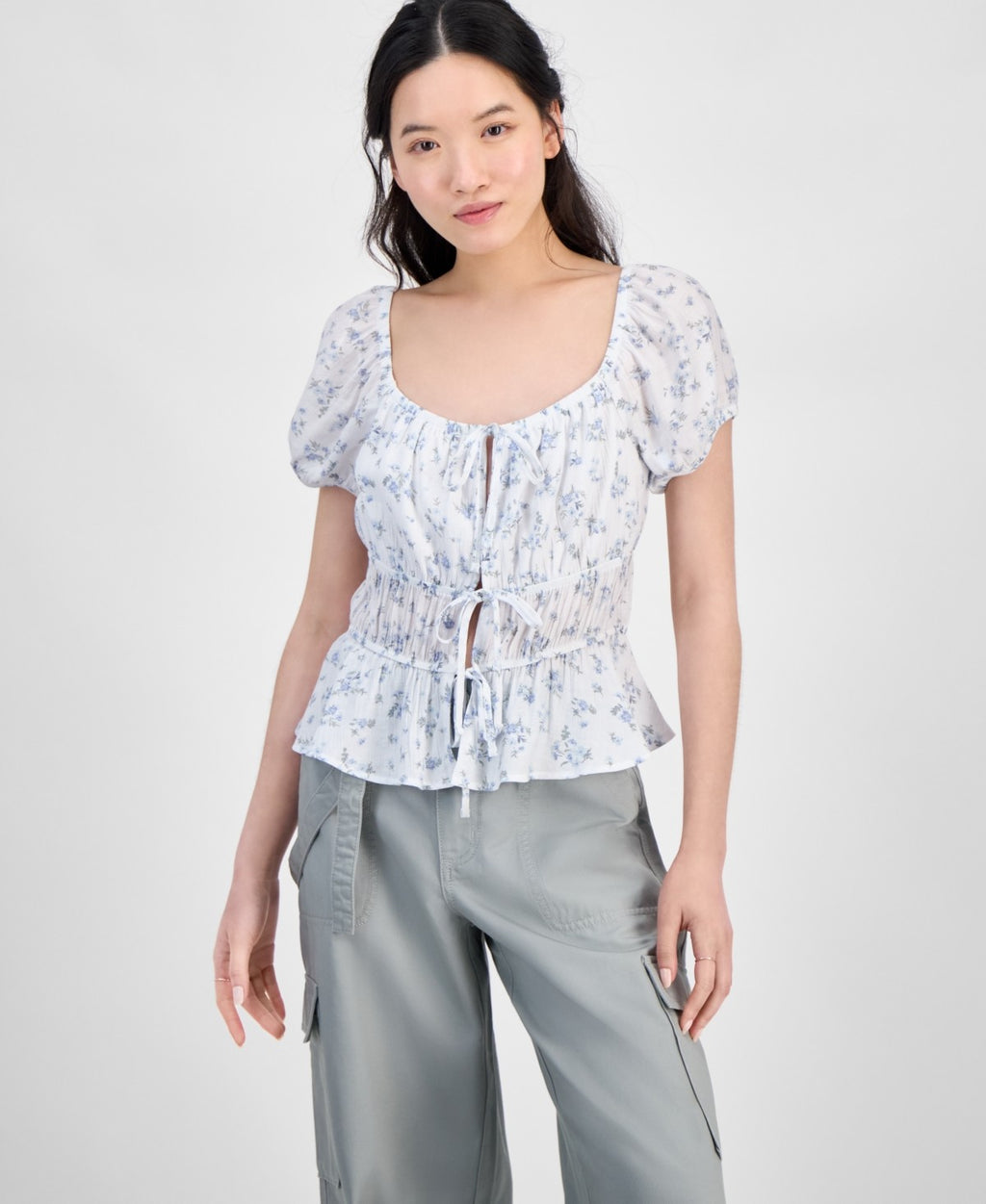 hippie rose Size S Shirred Tie-Front Peasant Top