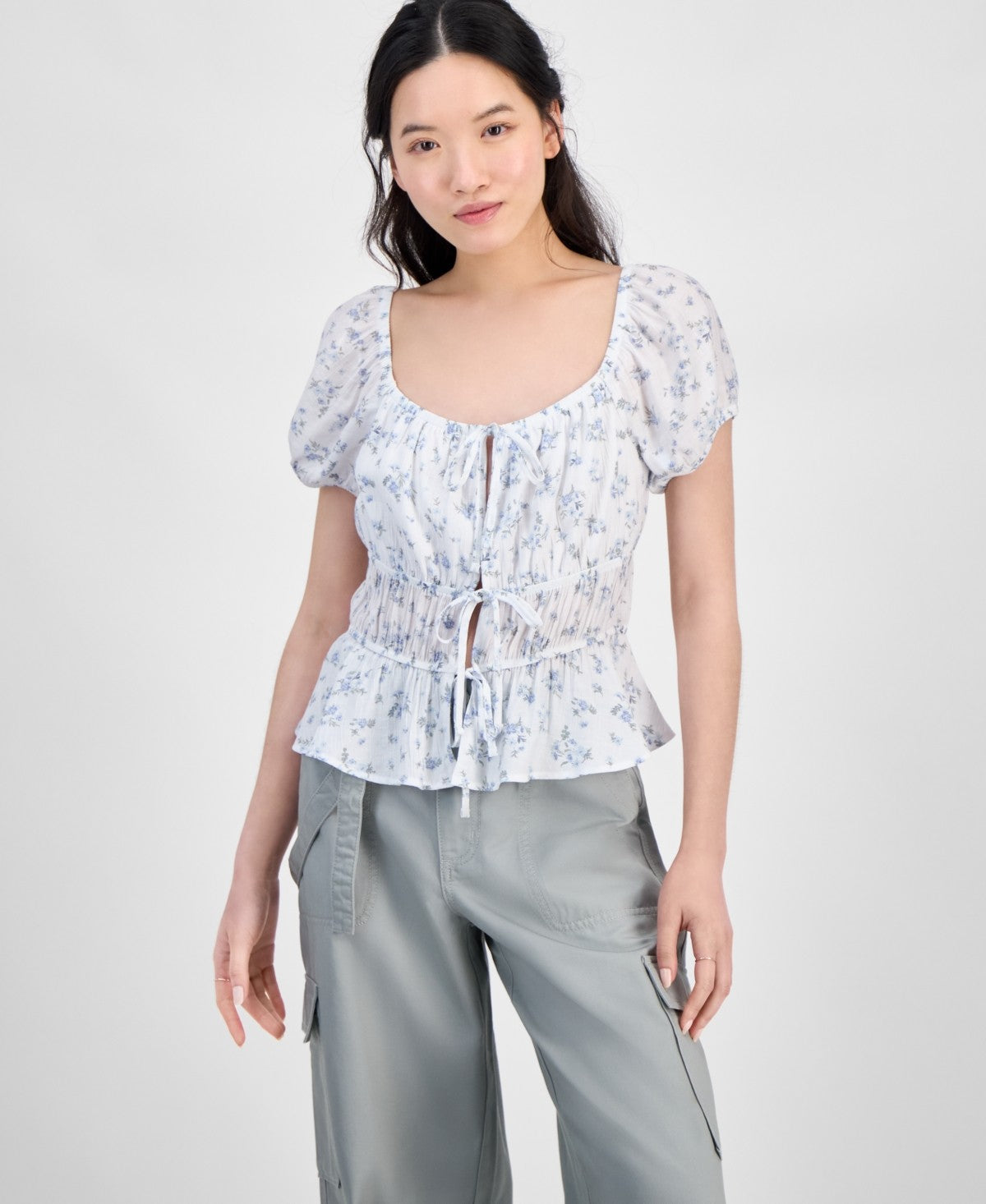 hippie rose Size S Shirred Tie-Front Peasant Top