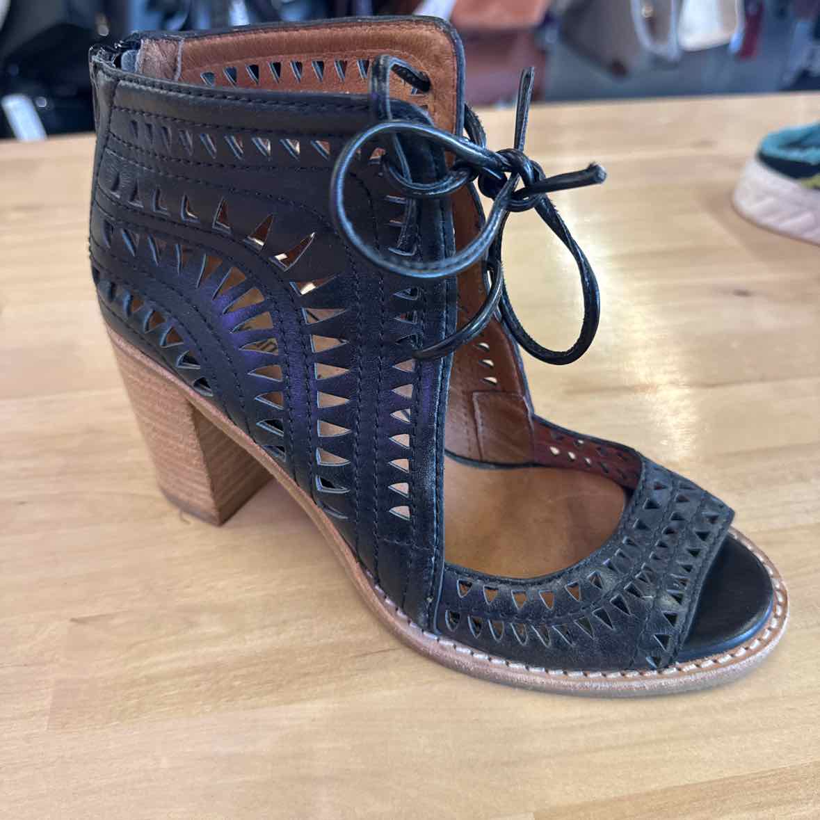 Jeffrey Campbell Size 6 Cordillo Black Laser Cut Leather Tie Front Bootie  Heels