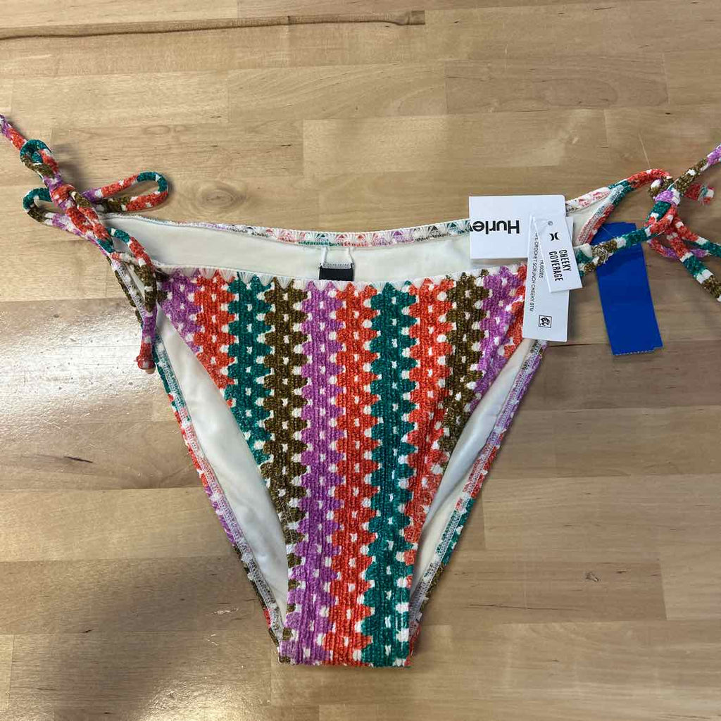 Hurley Size L Printed Stripe Crochet Scrunch Cheeky Tie Side Bikini Bottoms