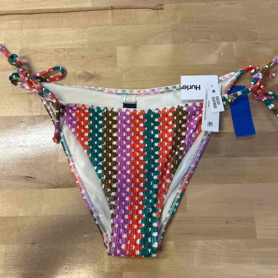 Hurley Size L Printed Stripe Crochet Scrunch Cheeky Tie Side Bikini Bottoms