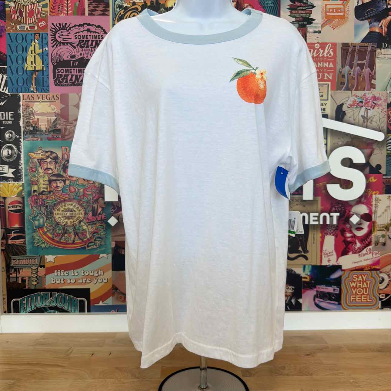 Rebellious One Size L Orange Graphic Short-Sleeve T-Shirt - White/Baby Blue