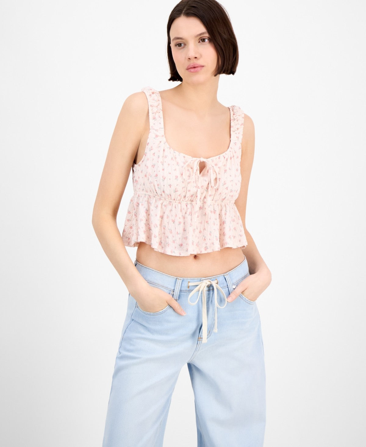 Pink Rose Juniors' Floral Printed Sleeveless Peplum Top - Blush Floral