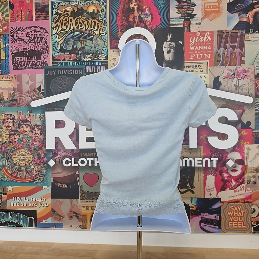 hippie rose Size L Lace-Trim Short-Sleeve Crewneck Tee - Baby Blue