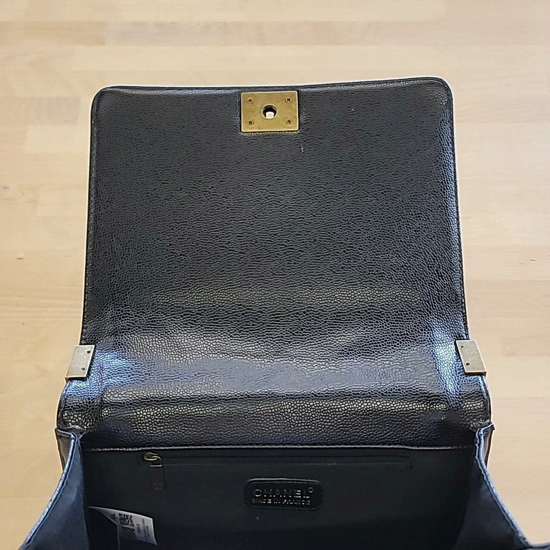 Chanel Large Boy Bag in Black Pebbled Leather with Antique Gold Tone Chain Strap