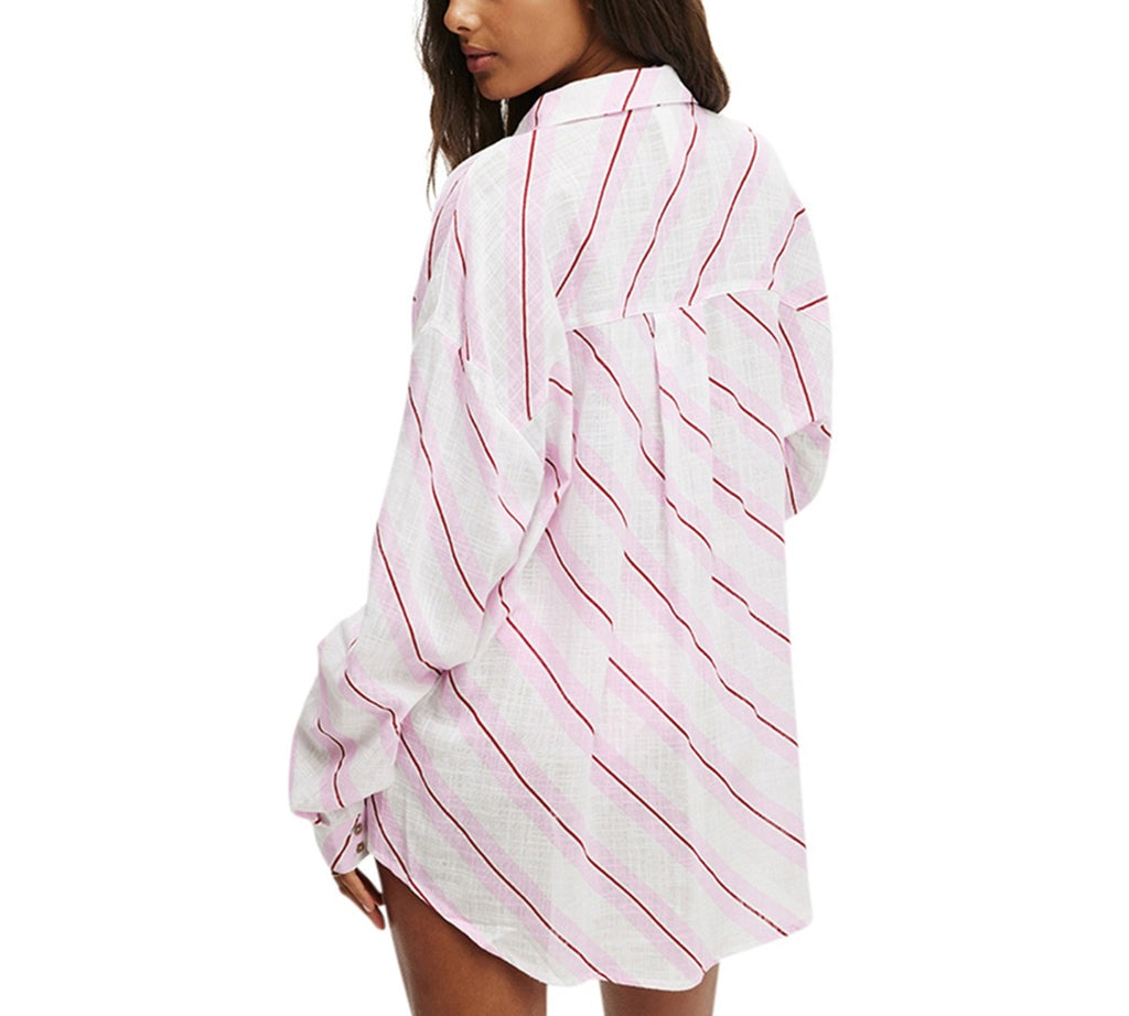 Cotton On Size S Essential Beach Cover-up Shirt - Coconut Milk/pink/garnet Red S