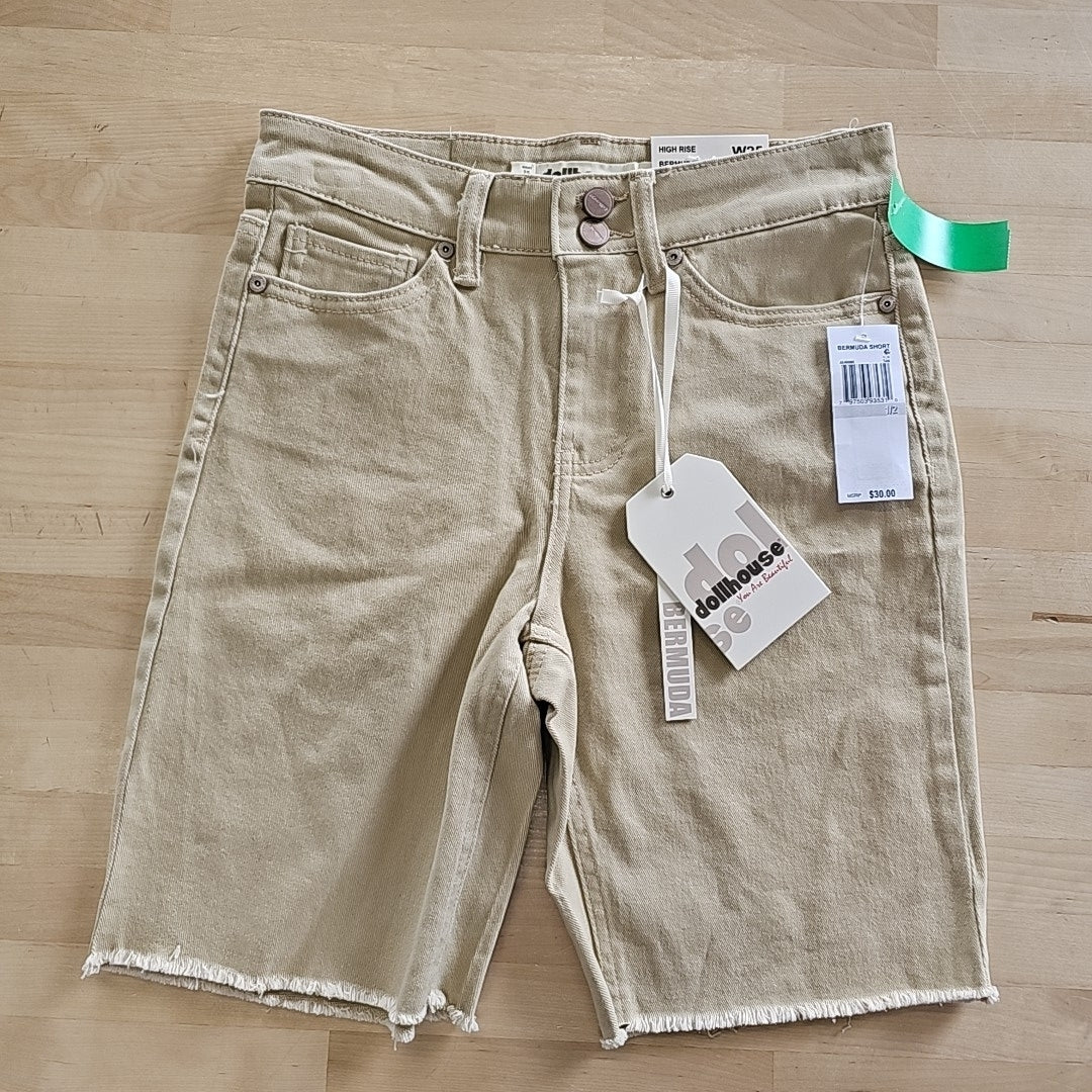 Dollhouse Juniors' High-Rise Frayed Bermuda Shorts - Tan - 1/2