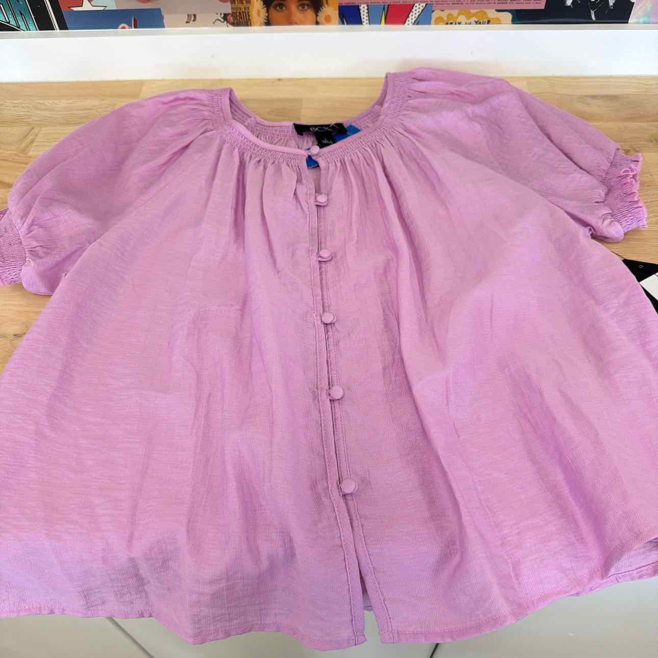 BCX Size L Puff-Sleeve Button-Front Knit Top