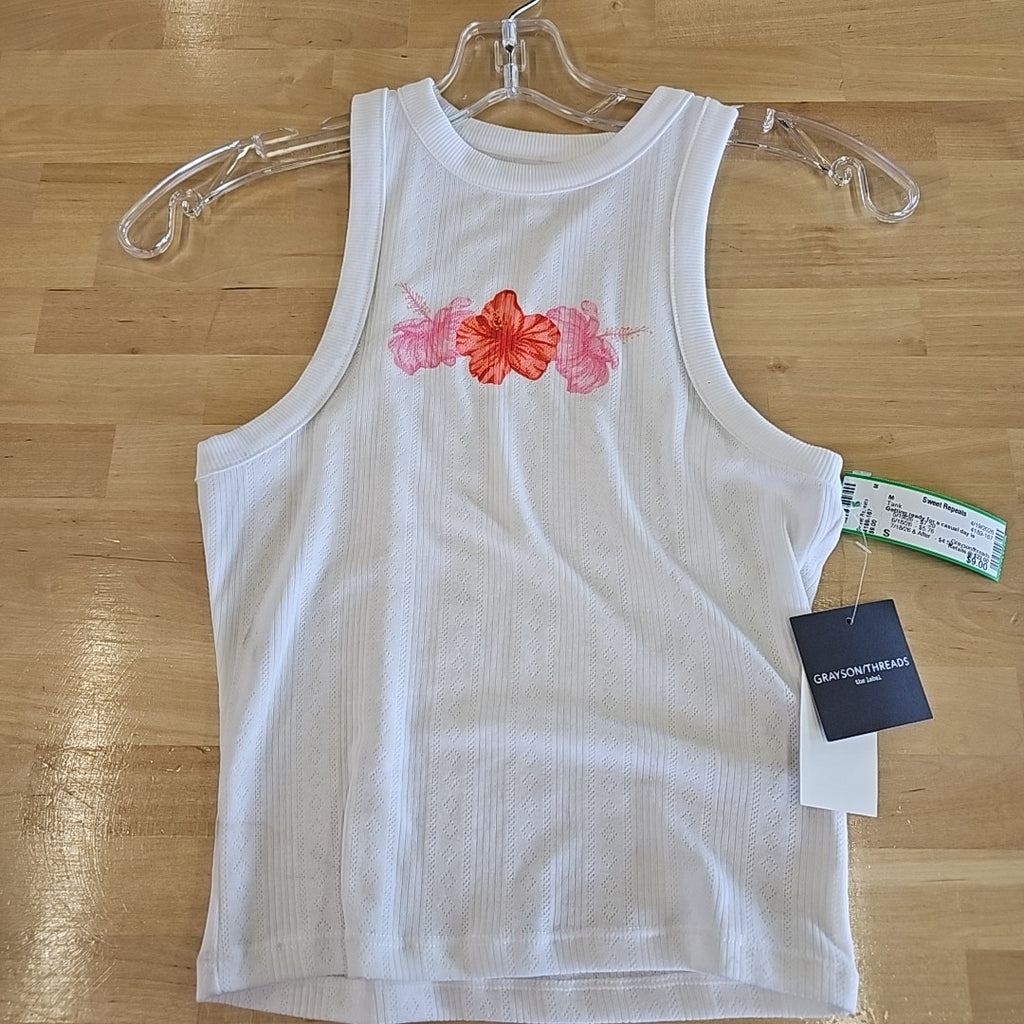 Grayson Threads, the Label Juniors' Pointelle Hibiscus Graphic Tank Top - White