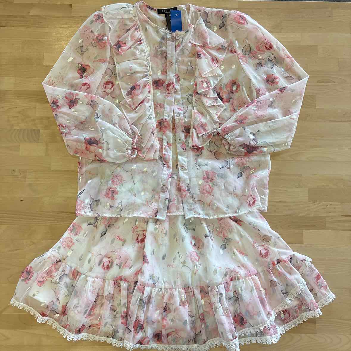 Beulah Size S Pink Print 2 pc Cascade Ruffle Neck Bishop Sleeve Top & Skirt NWT