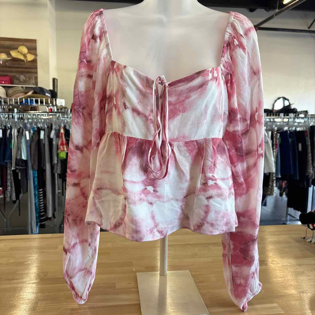 Lucy Paris Size XS Pink Print Tie-Dye Bishop Sleeve Cropped  Blouse NWT