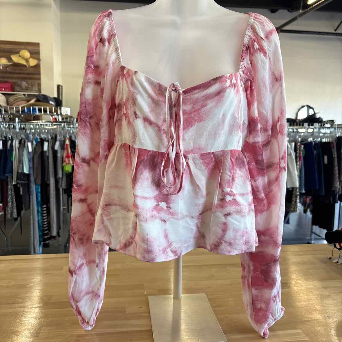 Lucy Paris Size XS Pink Print Tie-Dye Bishop Sleeve Cropped  Blouse NWT