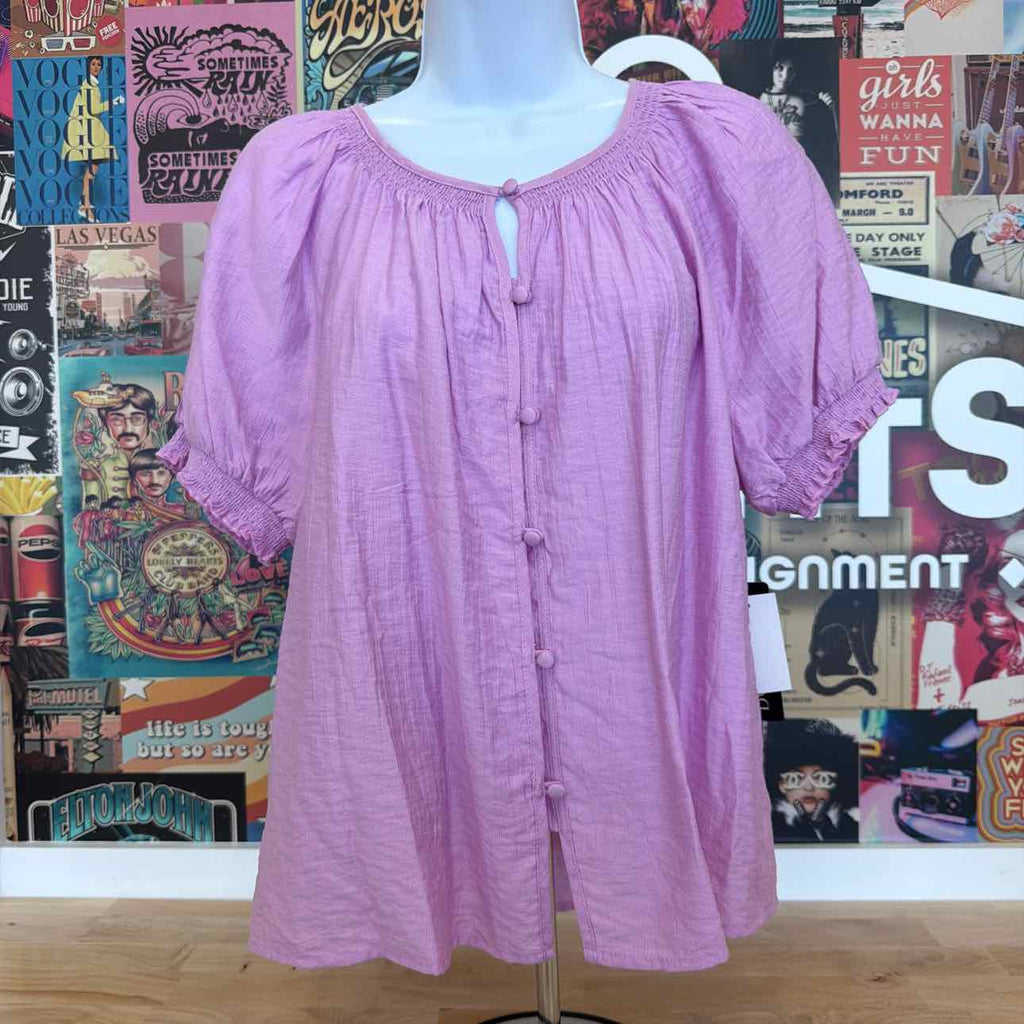 BCX Size L Puff-Sleeve Button-Front Knit Top
