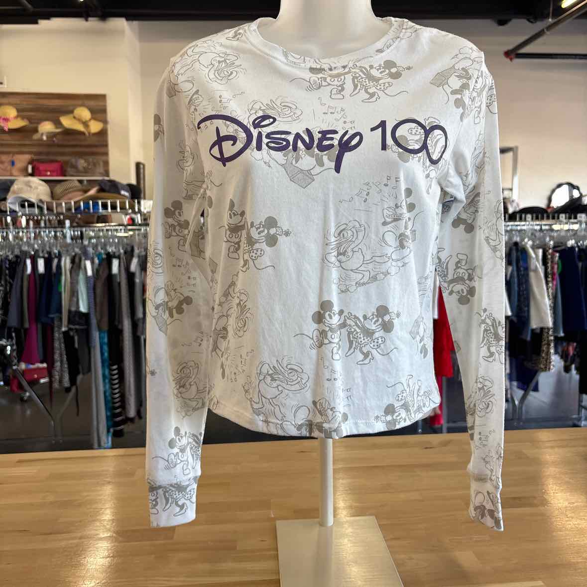 Disney Size XS white gray 100th Anniversary Long-Sleeve T-shirt NWT