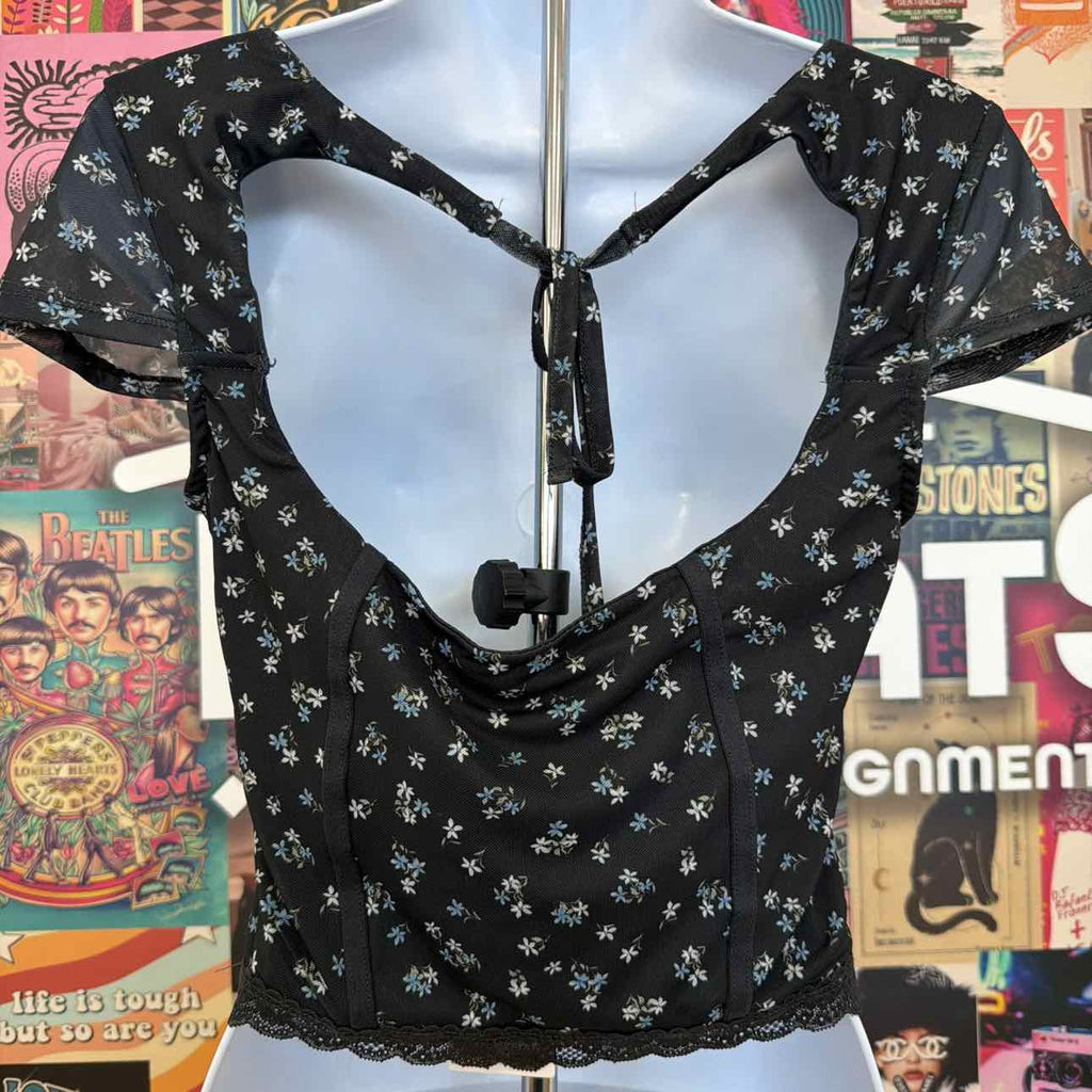 hippie rose Size L Corset Short-Sleeve Mesh Top - Black Ditsy
