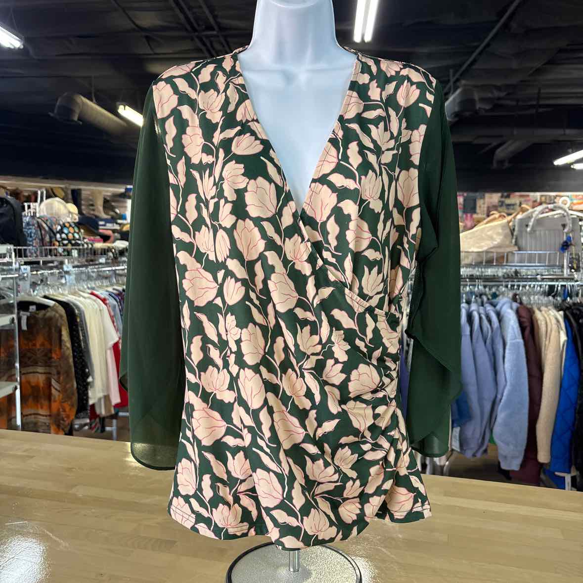 Grace Karin Size L Green/Peach Blouse LS