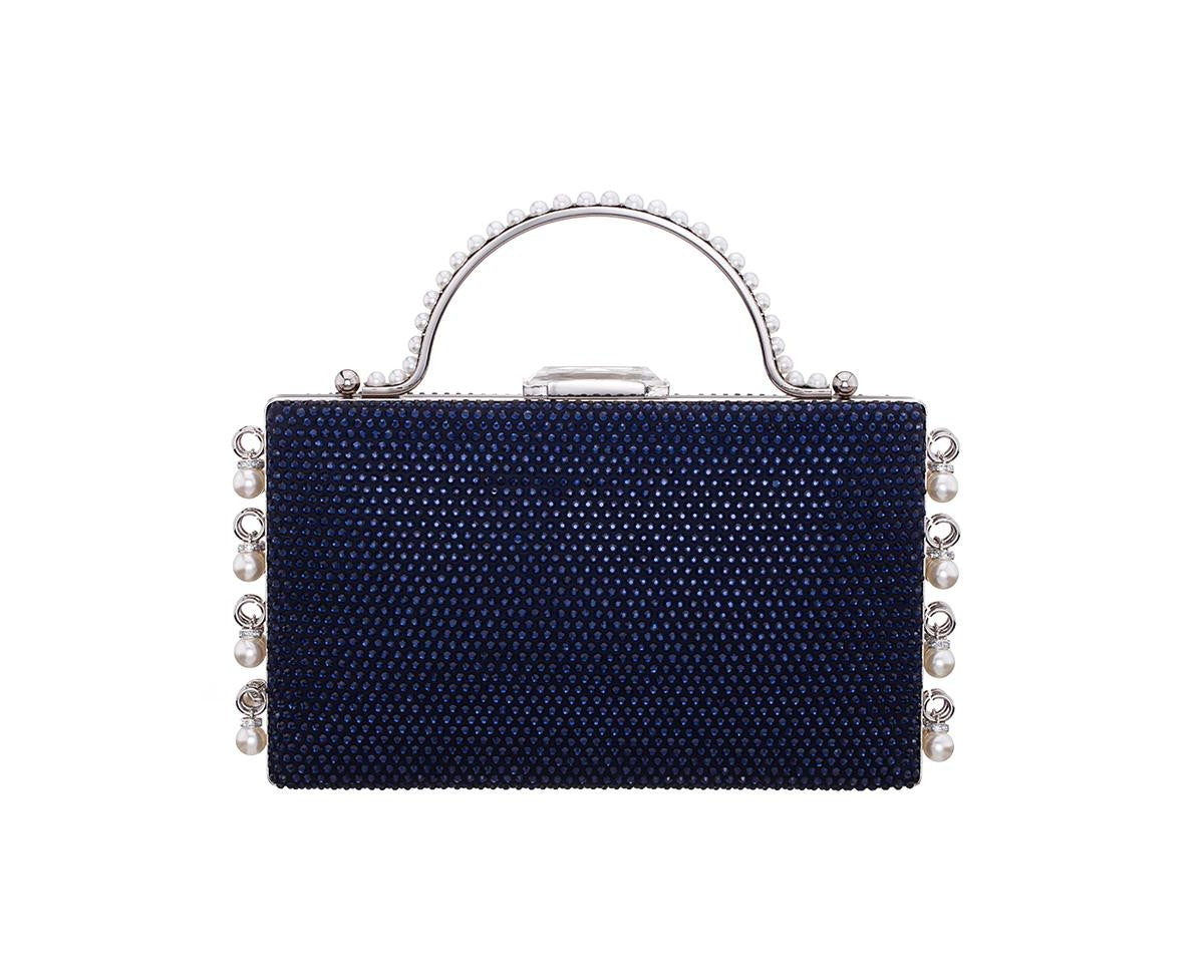 Nina Cultivated Pearl Dangle Crystal Embellished Minaudiere Clutch - Navy