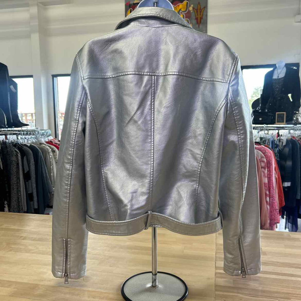 Levi's Women's Faux-Leather Belted Hem Moto Jacket - Silver XL