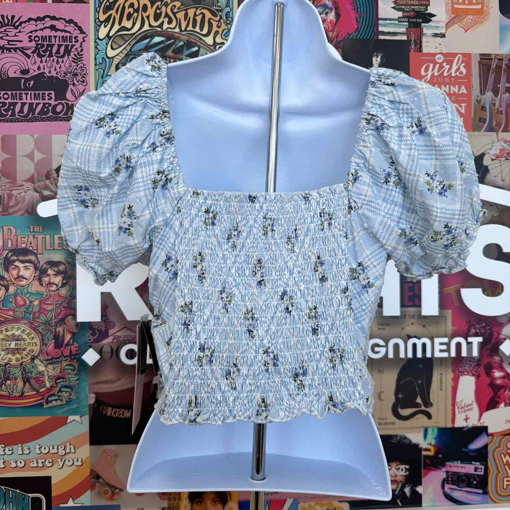 Celebrity pink Size L Cropped Puff-Sleeve Top - Baby Blue Plaid Ditsy