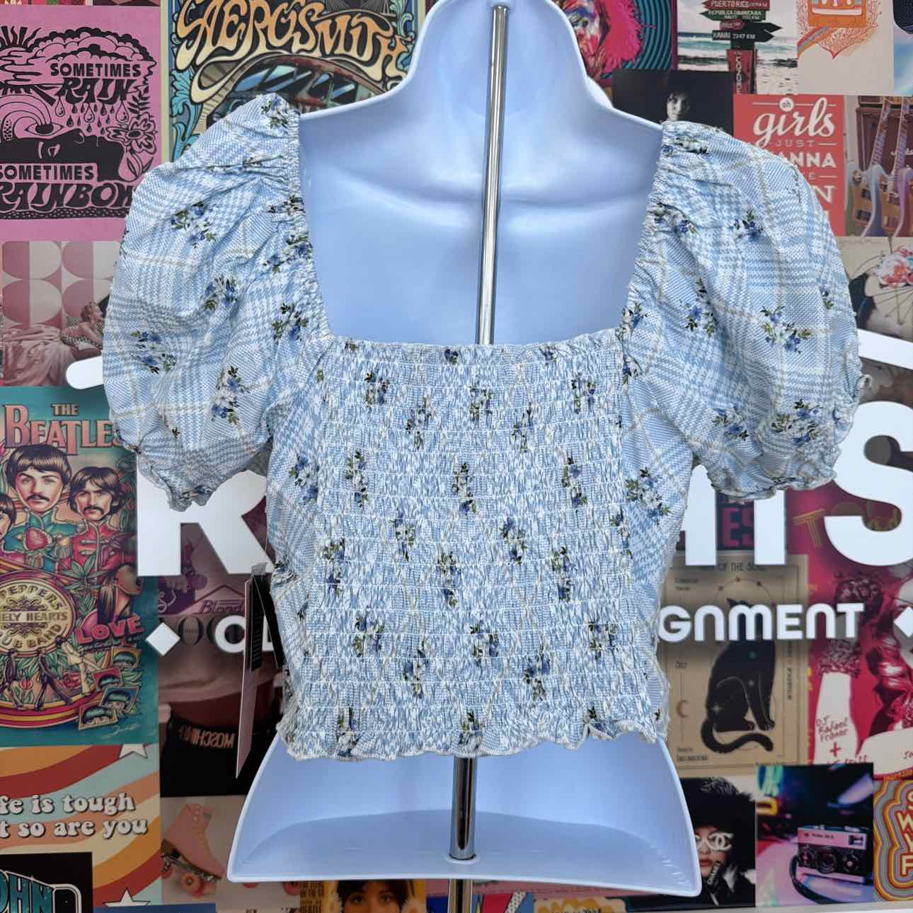 Celebrity pink Size L Cropped Puff-Sleeve Top - Baby Blue Plaid Ditsy