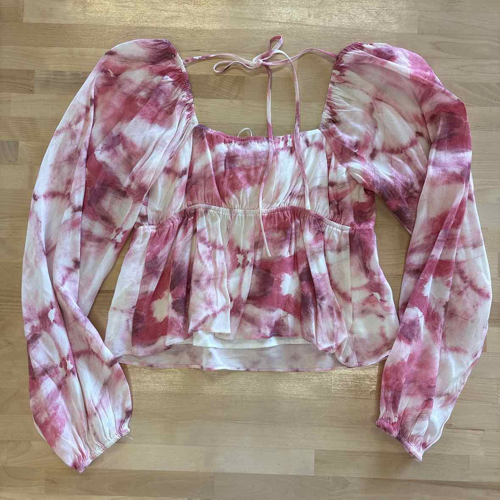 Lucy Paris Size XS Pink Print Tie-Dye Bishop Sleeve Cropped  Blouse NWT