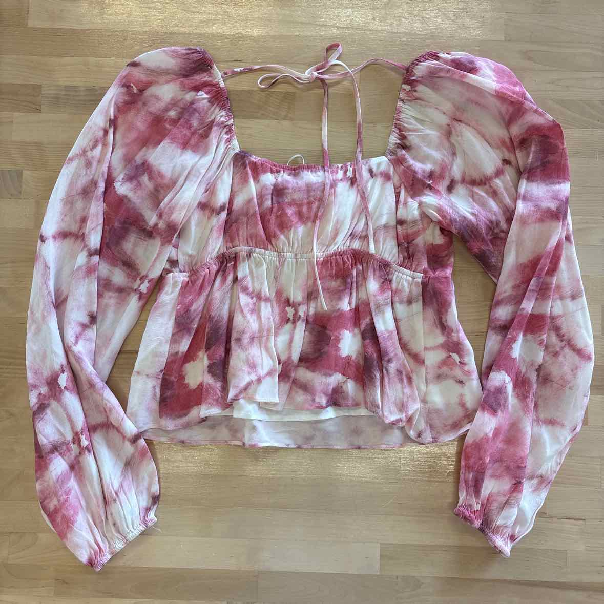 Lucy Paris Size XS Pink Print Tie-Dye Bishop Sleeve Cropped  Blouse NWT