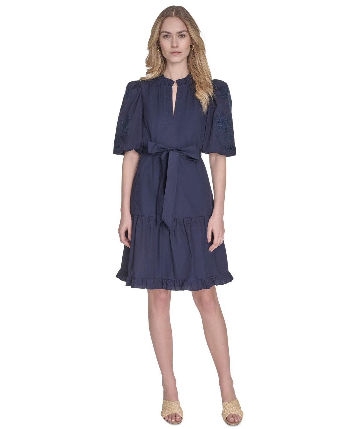 Vince Camuto Size 6 Split-Neck Elbow-Sleeve Cotton Dress - Navy