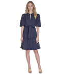 Vince Camuto Size 8 Split-Neck Elbow-Sleeve Cotton Dress - Navy