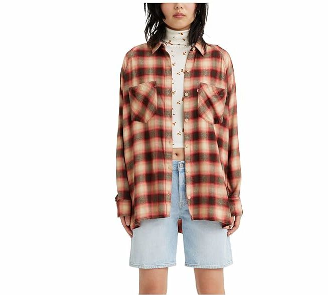 Levi's Size XXL Red & Pink Button Down Harrison Raglan Shirt -James Plaid Syrah