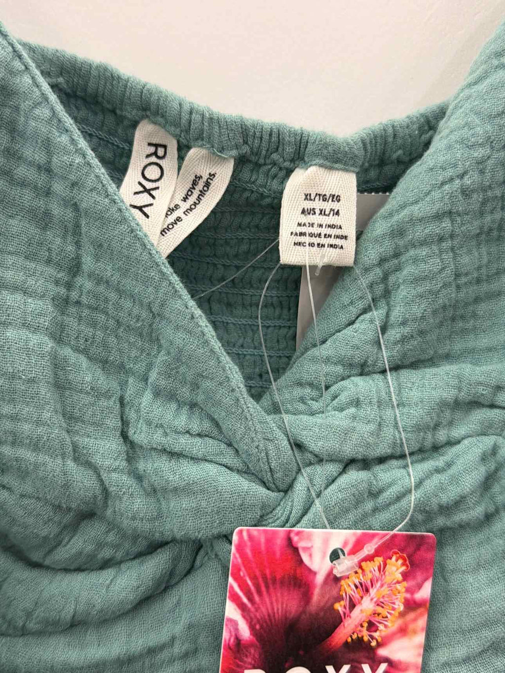 ROXY Mini Dress Sz xl  Mineral Blue V-Neck Peasant Sleeves New with Tags